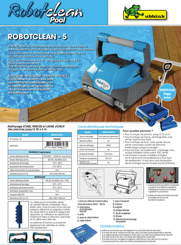 Robot piscine electrique Ubbink ROBOTCLEAN 5 avec chariot - Robot piscine électrique Ubbink ROBOTCLEAN 5 Simplicité et fiabilité